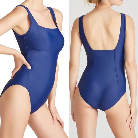 Yummie Athena One Piece Swimsuit Sz 14 Navy Blue Square Neck Bra Cup Support - Picture 1 of 15